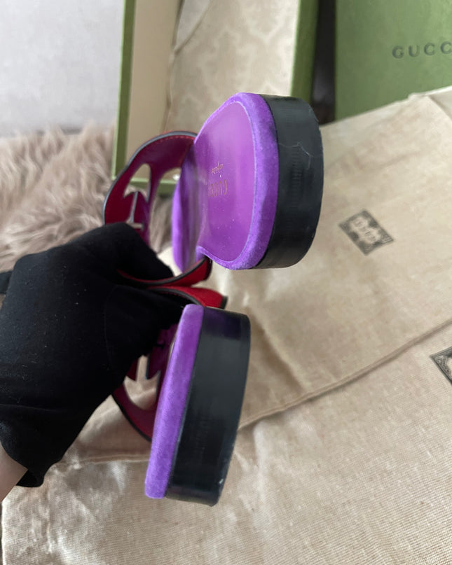 Preloved Authentic Gucci Women's Red Suede Cut-out Interlocking G Sandals SZ 36