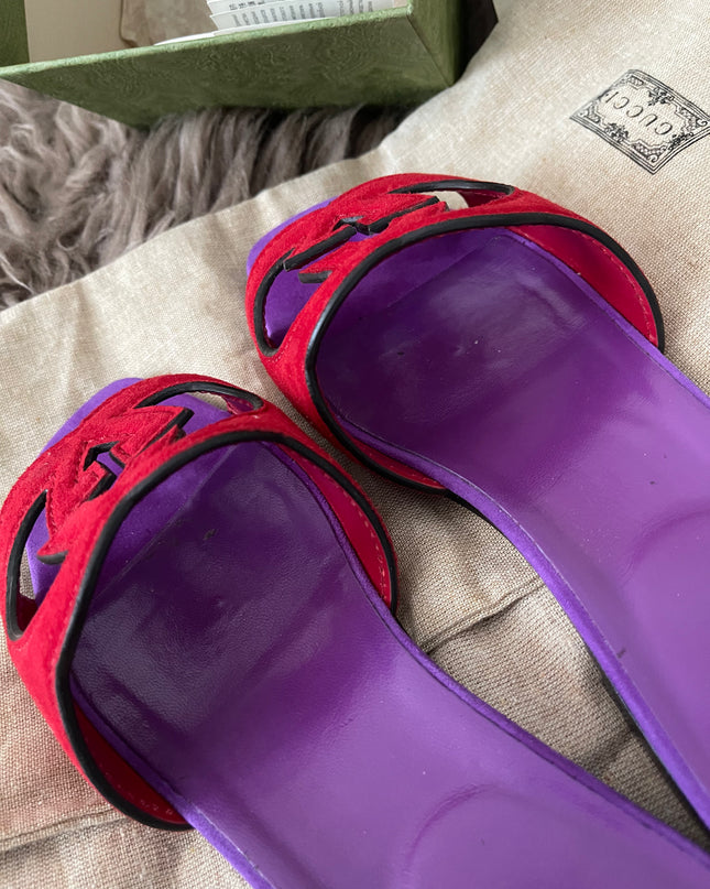 Preloved Authentic Gucci Women's Red Suede Cut-out Interlocking G Sandals SZ 36