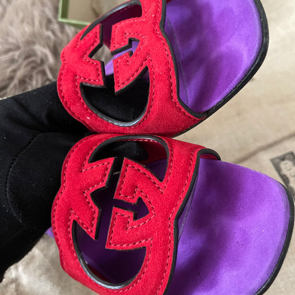 Preloved Authentic Gucci Women's Red Suede Cut-out Interlocking G Sandals SZ 36