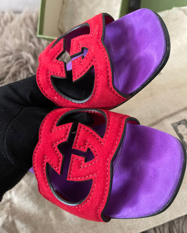 Preloved Authentic Gucci Women's Red Suede Cut-out Interlocking G Sandals SZ 36