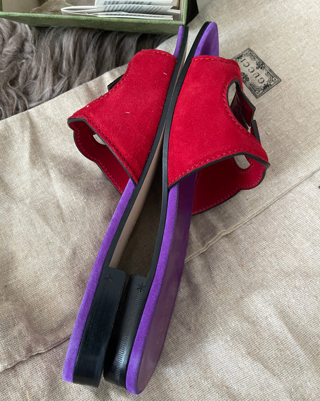 Preloved Authentic Gucci Women's Red Suede Cut-out Interlocking G Sandals SZ 36