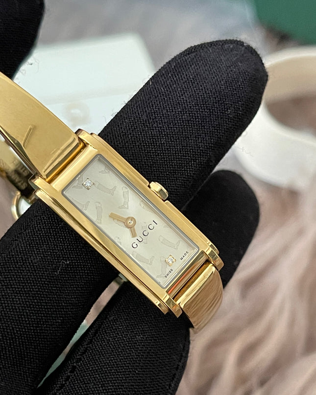Preloved Authentic Gucci G-Line Champagne Boot Dial – 18k Gold Plated Bangle Watch