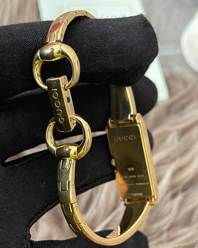 Preloved Authentic Gucci G-Line Champagne Boot Dial – 18k Gold Plated Bangle Watch