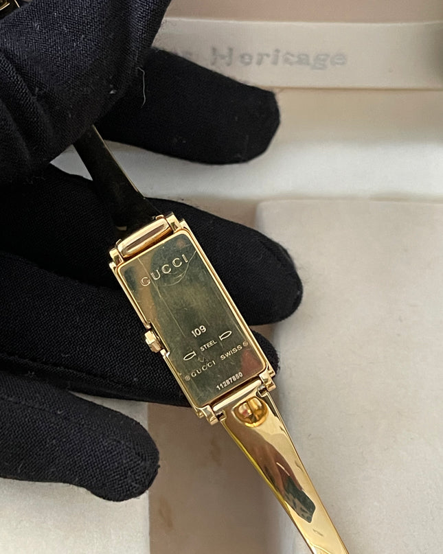 Preloved Authentic Gucci G-Line Champagne Boot Dial – 18k Gold Plated Bangle Watch