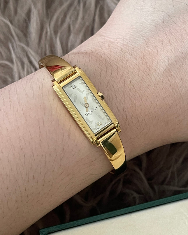Preloved Authentic Gucci G-Line Champagne Boot Dial – 18k Gold Plated Bangle Watch