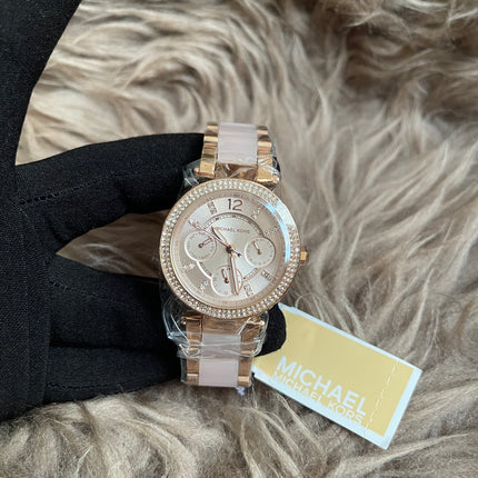 Unused Preloved Michael Kors MK6110 Mini Parker Ladies Rose Gold Stainless Chrono Watch.