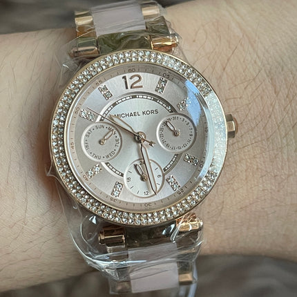 Unused Preloved Michael Kors MK6110 Mini Parker Ladies Rose Gold Stainless Chrono Watch.