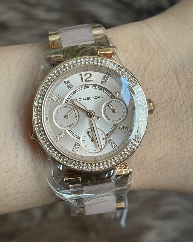 Unused Preloved Michael Kors MK6110 Mini Parker Ladies Rose Gold Stainless Chrono Watch.