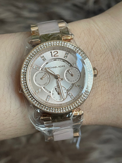 Unused Preloved Michael Kors MK6110 Mini Parker Ladies Rose Gold Stainless Chrono Watch.