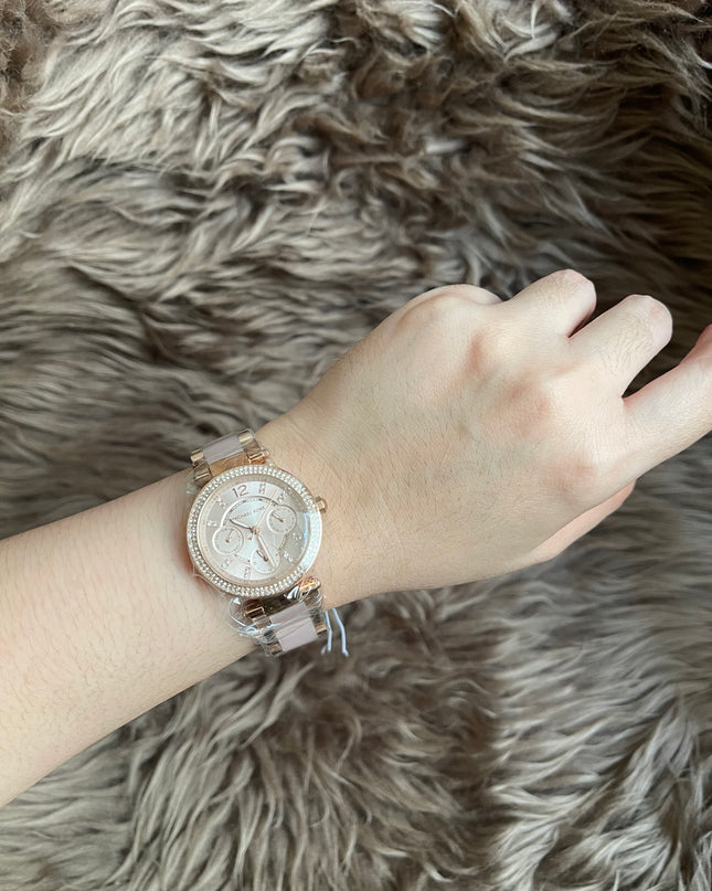 Unused Preloved Michael Kors MK6110 Mini Parker Ladies Rose Gold Stainless Chrono Watch.