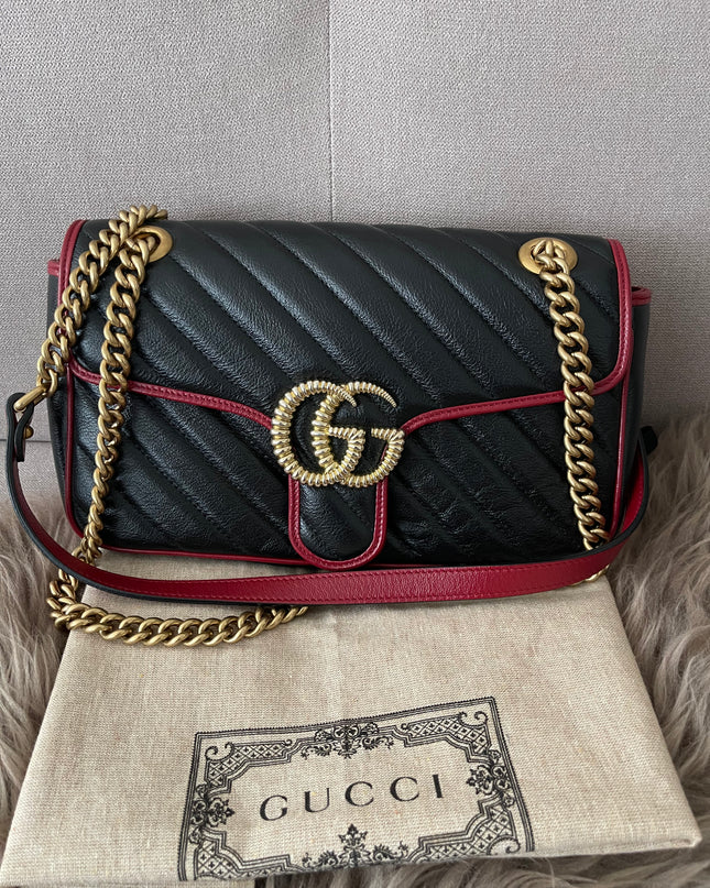 PRELOVED AUTHENTIC GUCCI GG Mini Marmont Matelassé Bag in BLK/RED