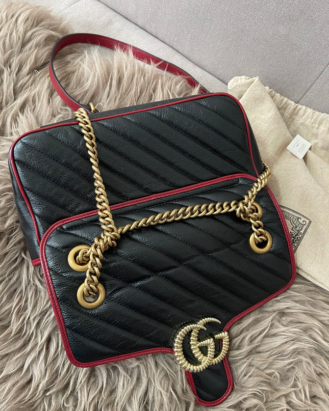 PRELOVED AUTHENTIC GUCCI GG Mini Marmont Matelassé Bag in BLK/RED