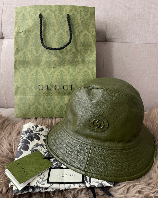 Preloved Authentic Gucci Leather Double G Bucket Hat Dark Green Sz M
