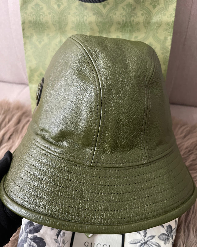 Preloved Authentic Gucci Leather Double G Bucket Hat Dark Green Sz M