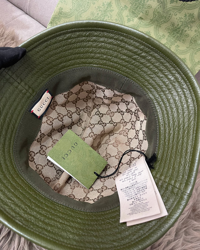 Preloved Authentic Gucci Leather Double G Bucket Hat Dark Green Sz M