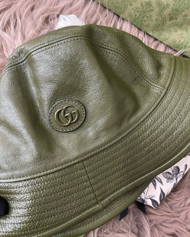 Preloved Authentic Gucci Leather Double G Bucket Hat Dark Green Sz M