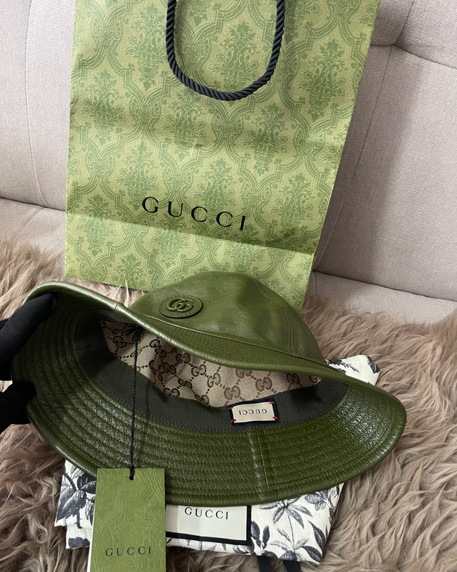 Preloved Authentic Gucci Leather Double G Bucket Hat Dark Green Sz M