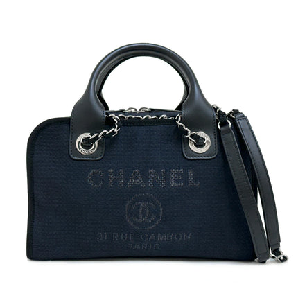 Preloved Authentic Rank A Chanel Deauville Bowling Bag A92749, Chain Shoulder Bag, Dark Navy with Silver Hardware, Canvas