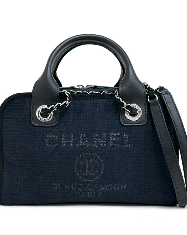 Preloved Authentic Rank A Chanel Deauville Bowling Bag A92749, Chain Shoulder Bag, Dark Navy with Silver Hardware, Canvas