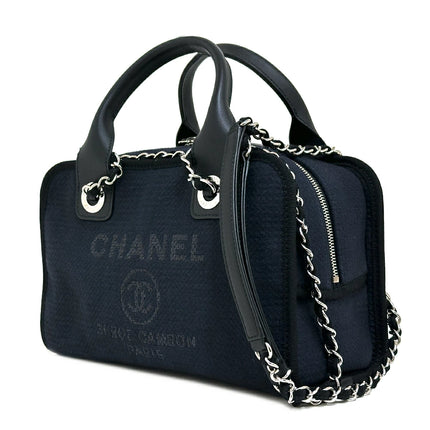 Preloved Authentic Rank A Chanel Deauville Bowling Bag A92749, Chain Shoulder Bag, Dark Navy with Silver Hardware, Canvas