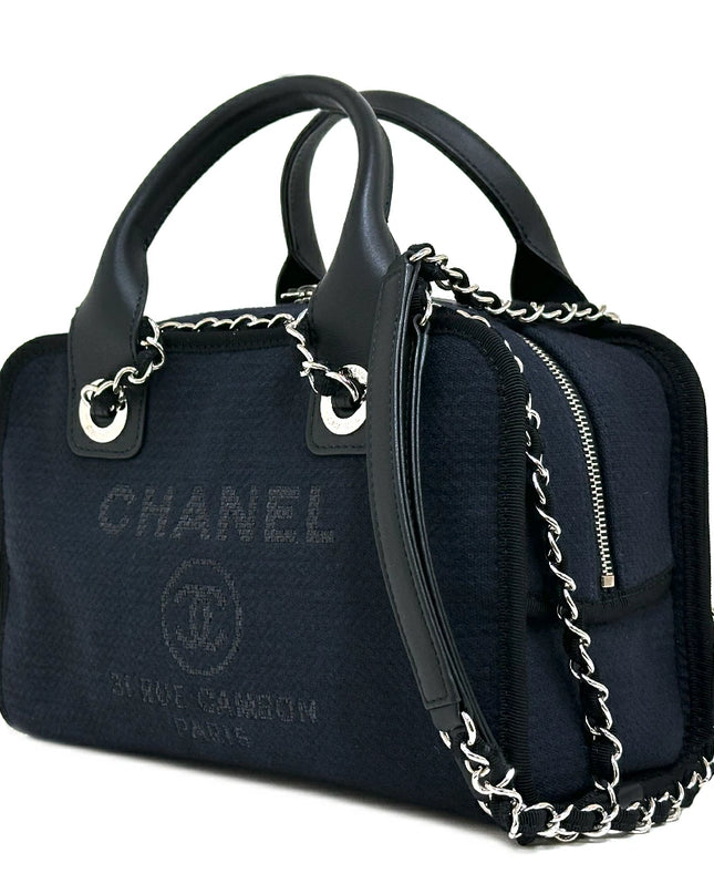 Preloved Authentic Rank A Chanel Deauville Bowling Bag A92749, Chain Shoulder Bag, Dark Navy with Silver Hardware, Canvas