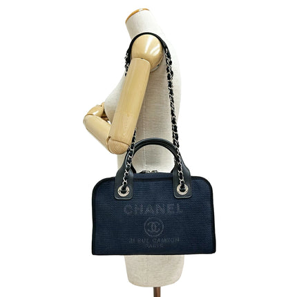 Preloved Authentic Rank A Chanel Deauville Bowling Bag A92749, Chain Shoulder Bag, Dark Navy with Silver Hardware, Canvas