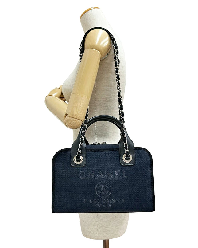 Preloved Authentic Rank A Chanel Deauville Bowling Bag A92749, Chain Shoulder Bag, Dark Navy with Silver Hardware, Canvas