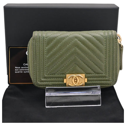 Preloved Authentic Chanel Boy Wallet on ChainOlive Green Caviar Leather Chevron Quilted Gold Hardware