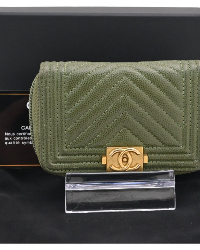 Preloved Authentic Chanel Boy Wallet on ChainOlive Green Caviar Leather Chevron Quilted Gold Hardware