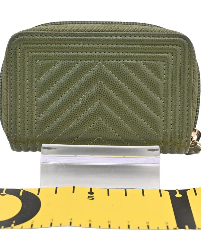 Preloved Authentic Chanel Boy Wallet on ChainOlive Green Caviar Leather Chevron Quilted Gold Hardware