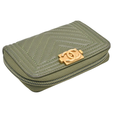 Preloved Authentic Chanel Boy Wallet on ChainOlive Green Caviar Leather Chevron Quilted Gold Hardware