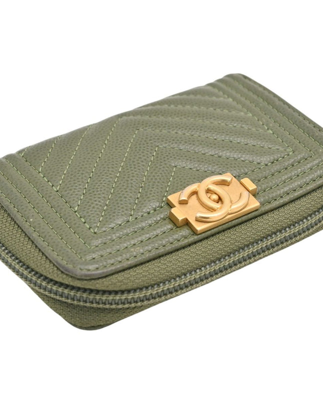 Preloved Authentic Chanel Boy Wallet on ChainOlive Green Caviar Leather Chevron Quilted Gold Hardware