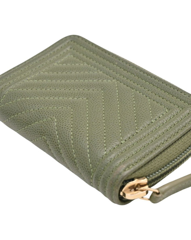 Preloved Authentic Chanel Boy Wallet on ChainOlive Green Caviar Leather Chevron Quilted Gold Hardware
