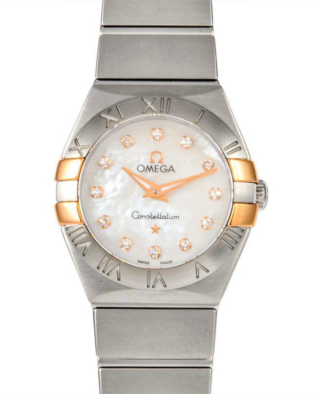 preloved Authentic Rank A OMEGA Constellation Quartz Watch with White Shell Dial, Two-tone Gold and Stainless Steel with 12 Diamonds