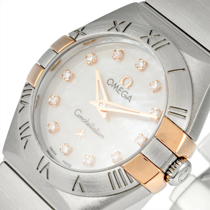 preloved Authentic Rank A OMEGA Constellation Quartz Watch with White Shell Dial, Two-tone Gold and Stainless Steel with 12 Diamonds