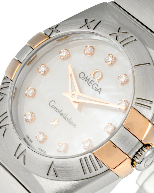 preloved Authentic Rank A OMEGA Constellation Quartz Watch with White Shell Dial, Two-tone Gold and Stainless Steel with 12 Diamonds