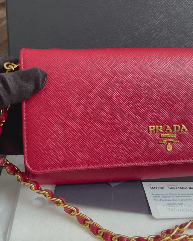 Preloved Authentic Prada Saffiano Metal Wallet on Chain in Fuoco Red