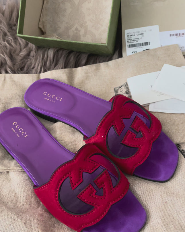 Preloved Authentic Gucci Women's Red Suede Cut-out Interlocking G Sandals SZ 36