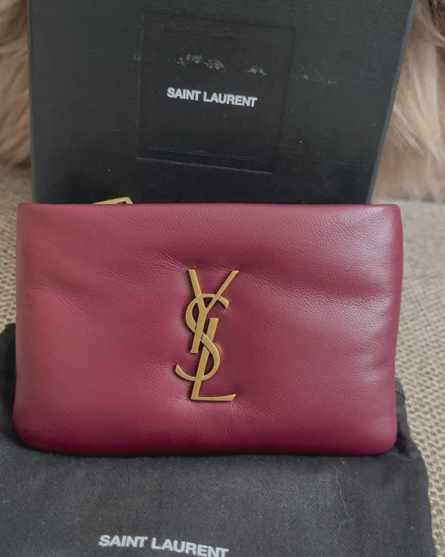 Preloved Authentic Saint Laurent Monogram Zipped Card Case — Burgundy