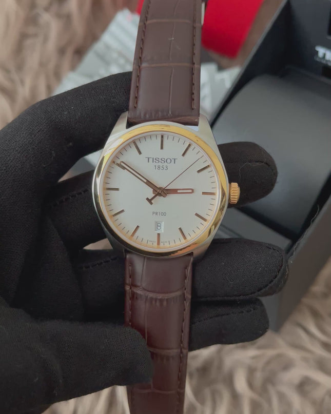 Preloved Authentic Tissot  T-Classic PR 100 White Dial Brown Leather Strap Watch for Men