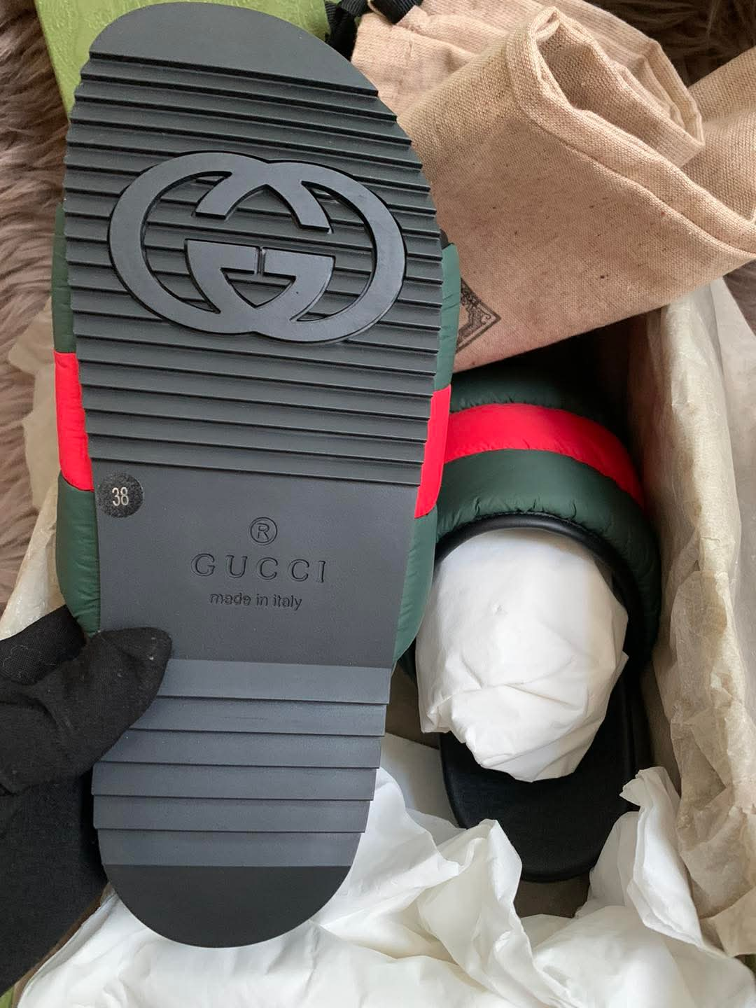 Gucci Web padded slide sandals 38